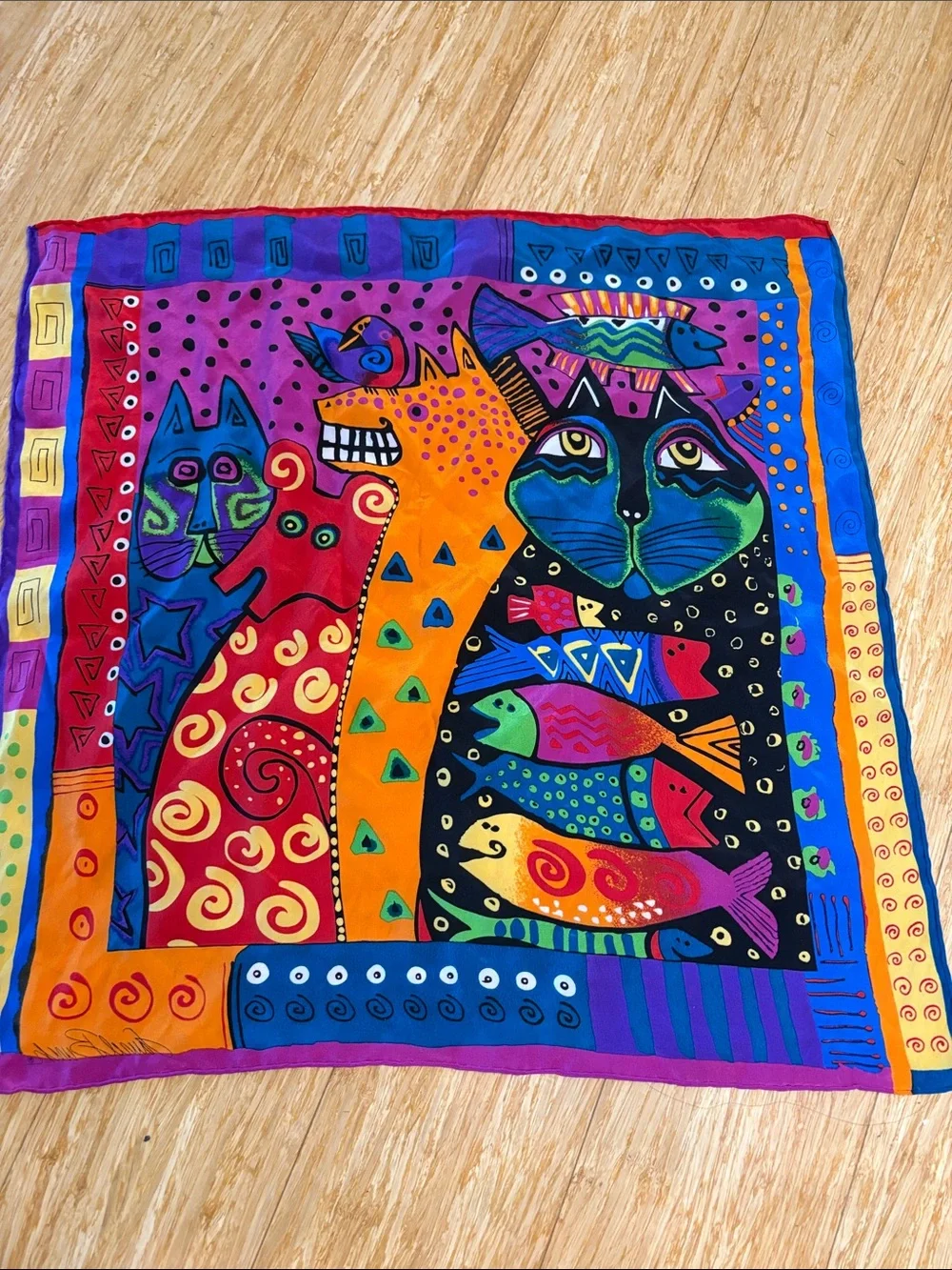 Vintage Laurel Burch Colorful Cat Fish Square Silk Scarf cat lover 90s artsy